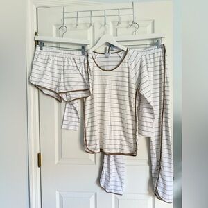 Lake Pajamas: White and Brown Striped Pajama Set with Top, Shorts & Pants